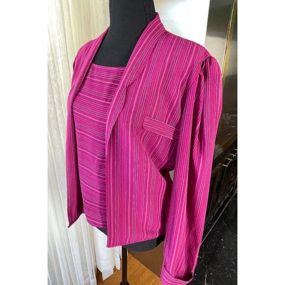 Vintage 80s twinset, pink striped long sleeves blouse, with camisole, size 6 - Picture 3 of 10